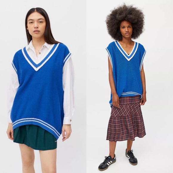 Urban Outfitters BDG Contrast Trim Oversized Sweater Vest Blue White - Picture 1 of 7